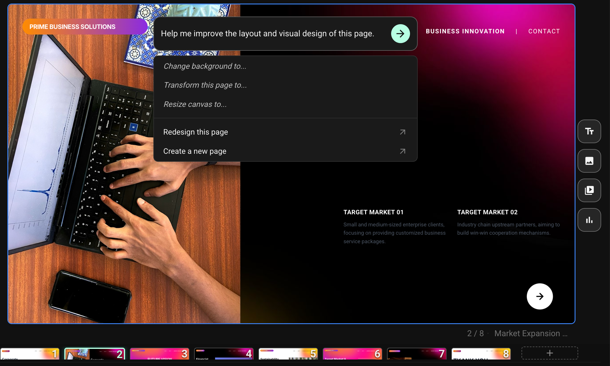 Flato canvas editor with element style controls on a presentation slide