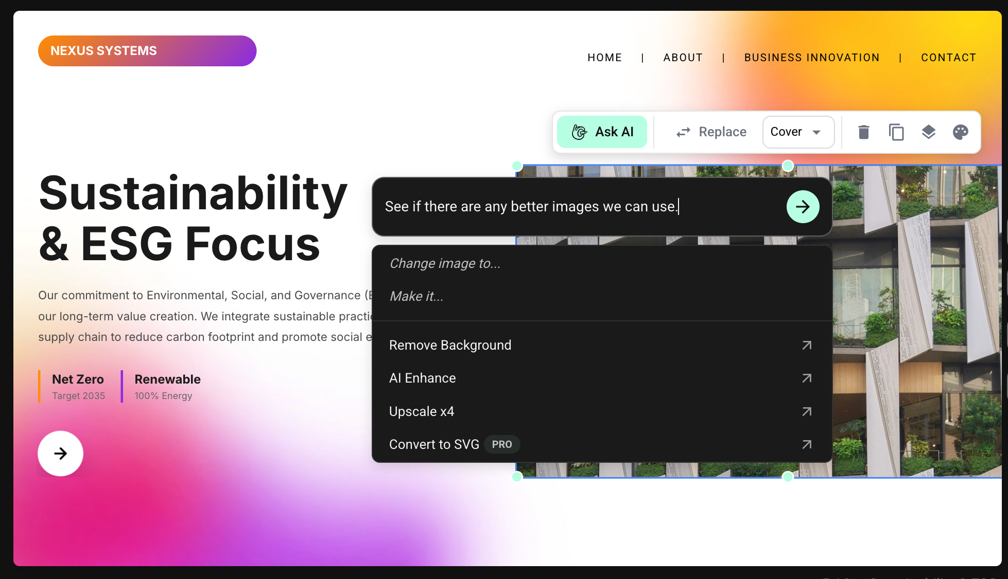 Flato presentation editor with AI chat and an editable financial performance chart